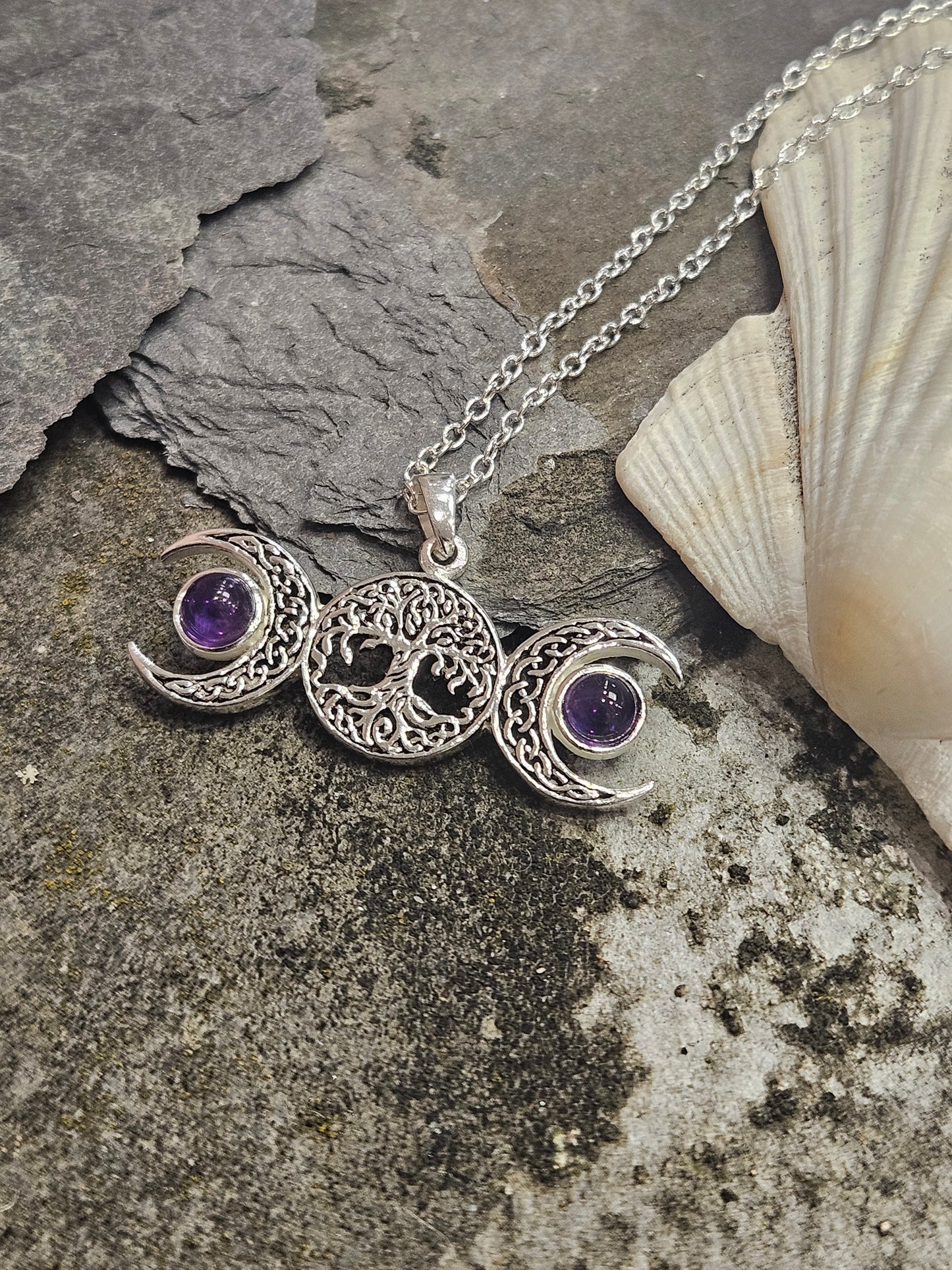 Amethyst Triple Moon Tree of Life Necklace
