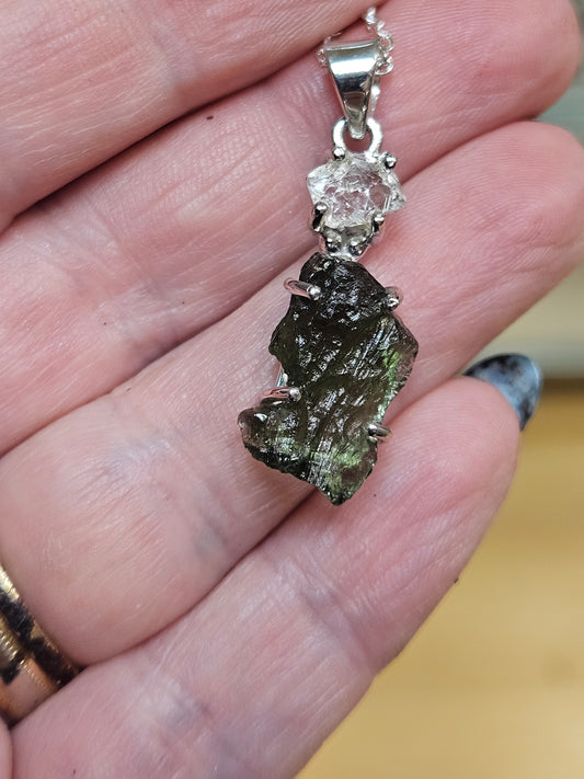 Moldavite and Herkimer Diamond Necklace