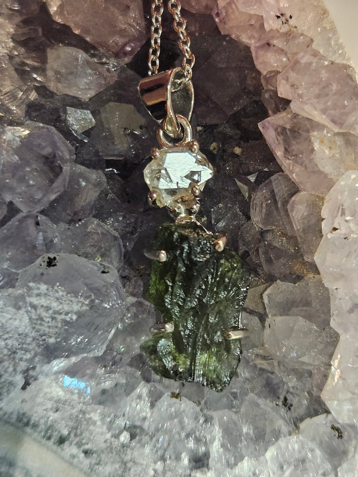 Moldavite and Herkimer Diamond Necklace