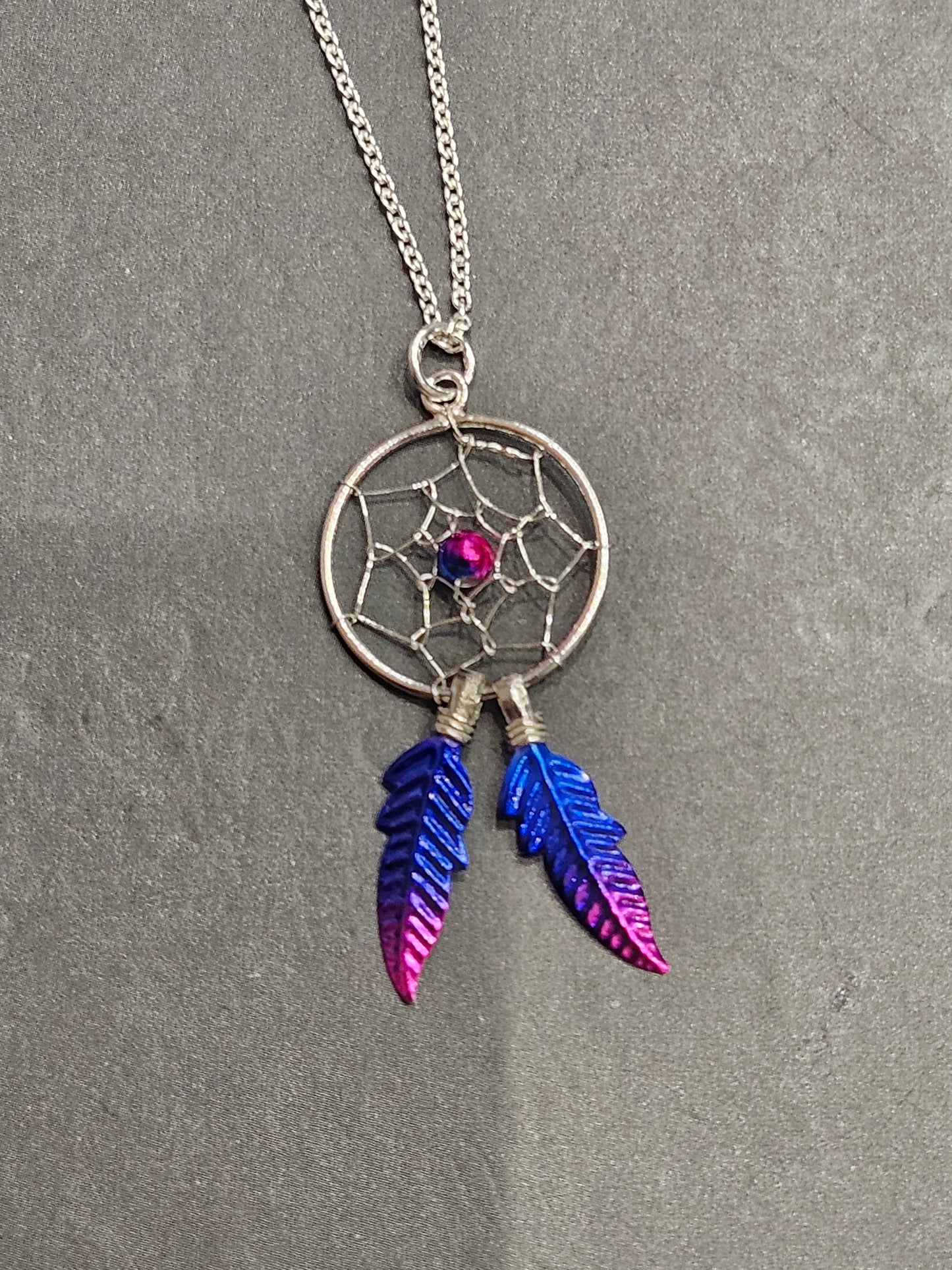 Purple and Magenta Dream Catcher Silver Necklace