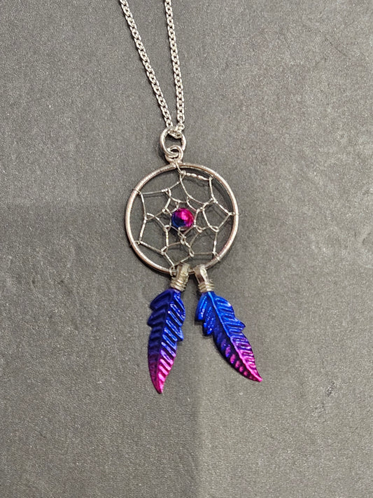 Purple and Magenta Dream Catcher Silver Necklace