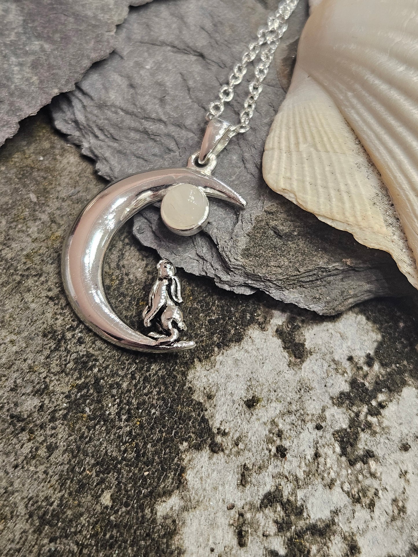 Moonstone Moon Gazing Hare Necklace