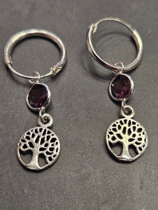 Amethyst Tree of Life Hooped Earrings