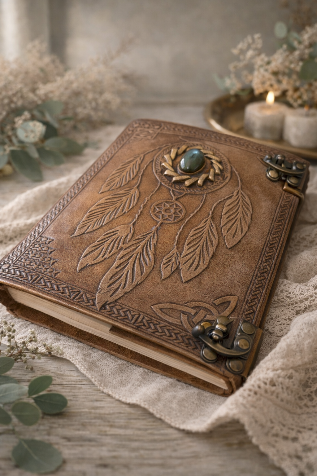 Hand Crafted Leather Journal with Labrodite Crystal
