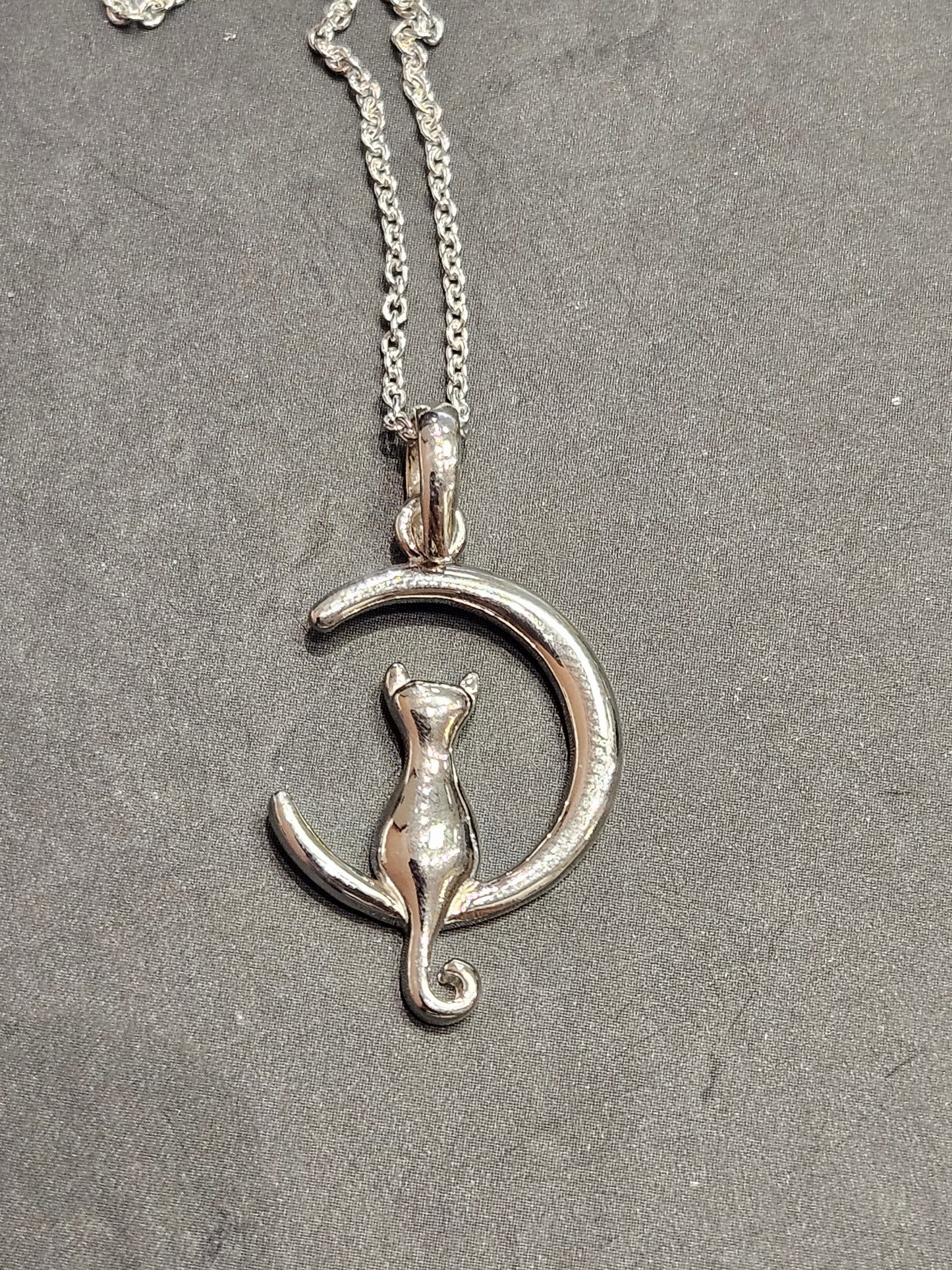 Silver Cat in Moon Necklace