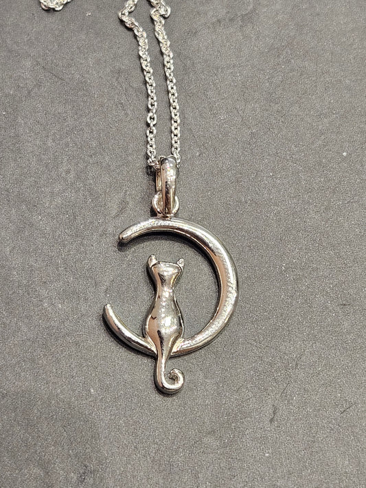 Silver Cat in Moon Necklace