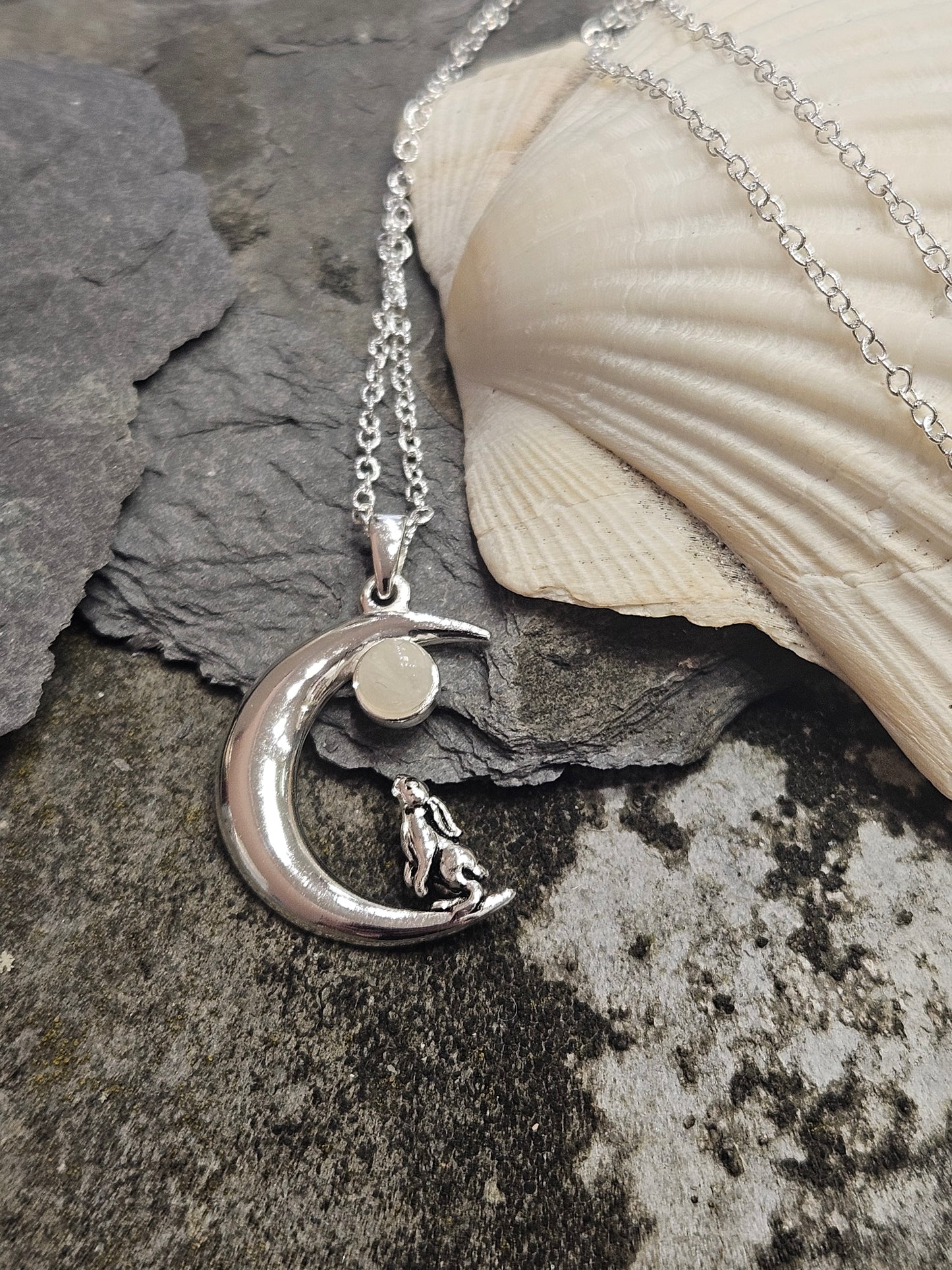 Moonstone Moon Gazing Hare Necklace