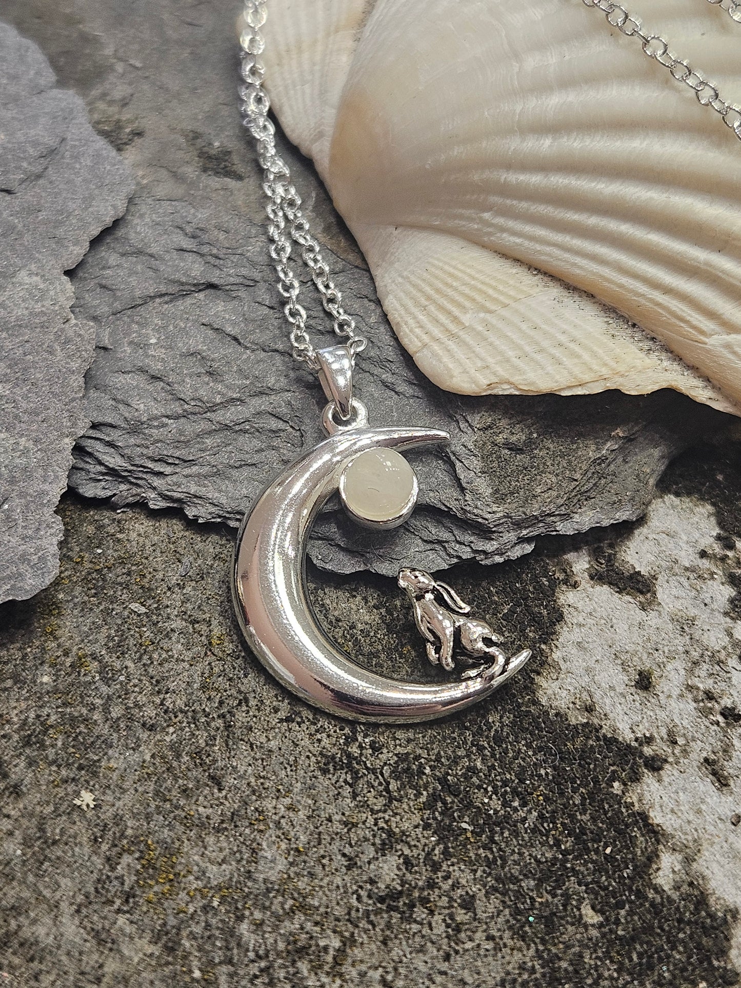Moonstone Moon Gazing Hare Necklace