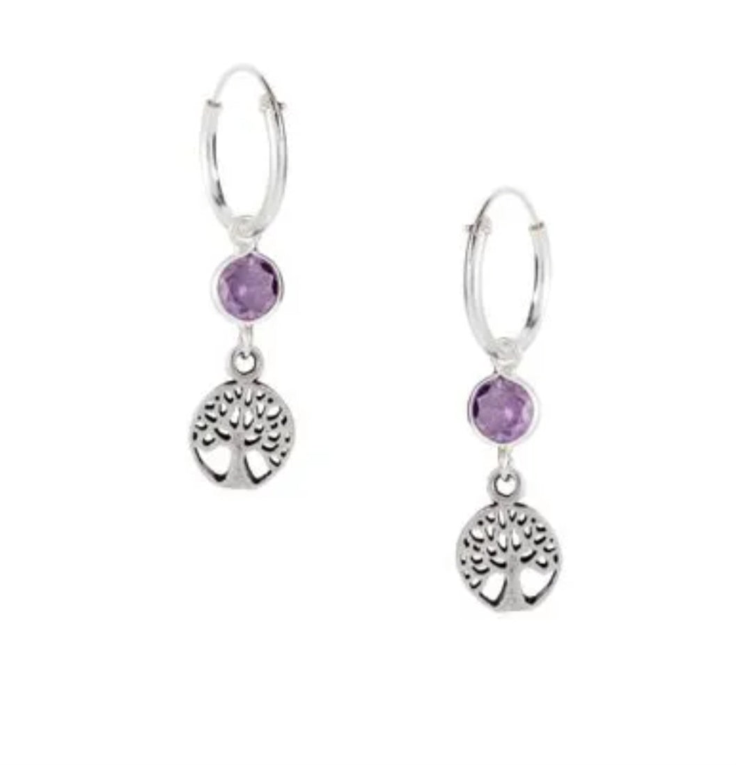 Amethyst Tree of Life Hooped Earrings