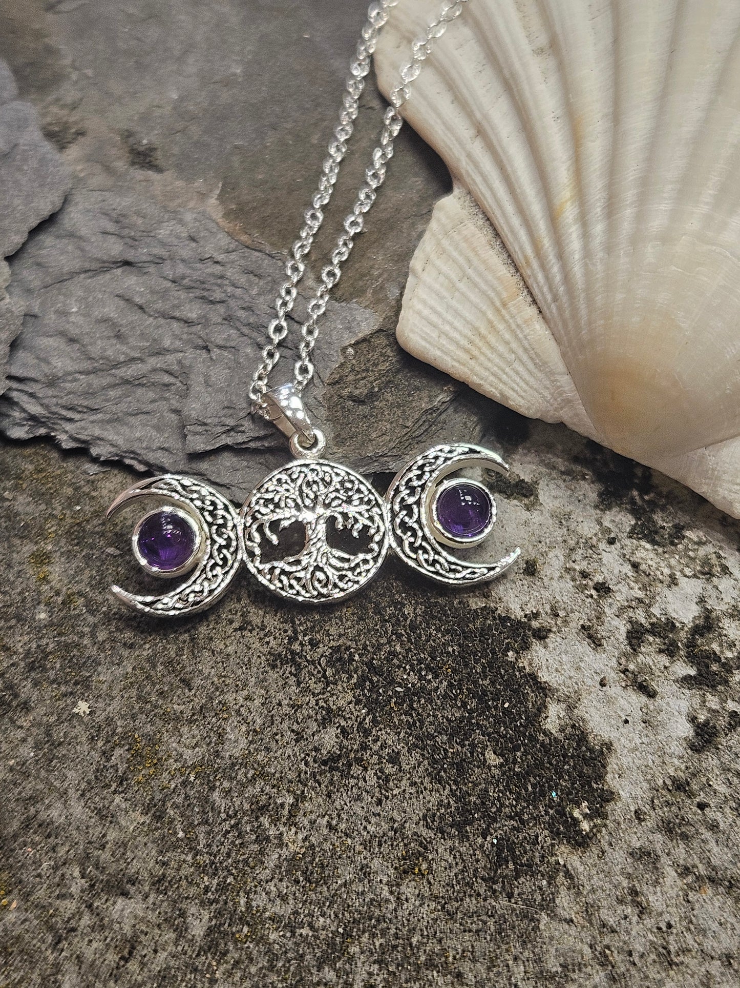 Amethyst Triple Moon Tree of Life Necklace