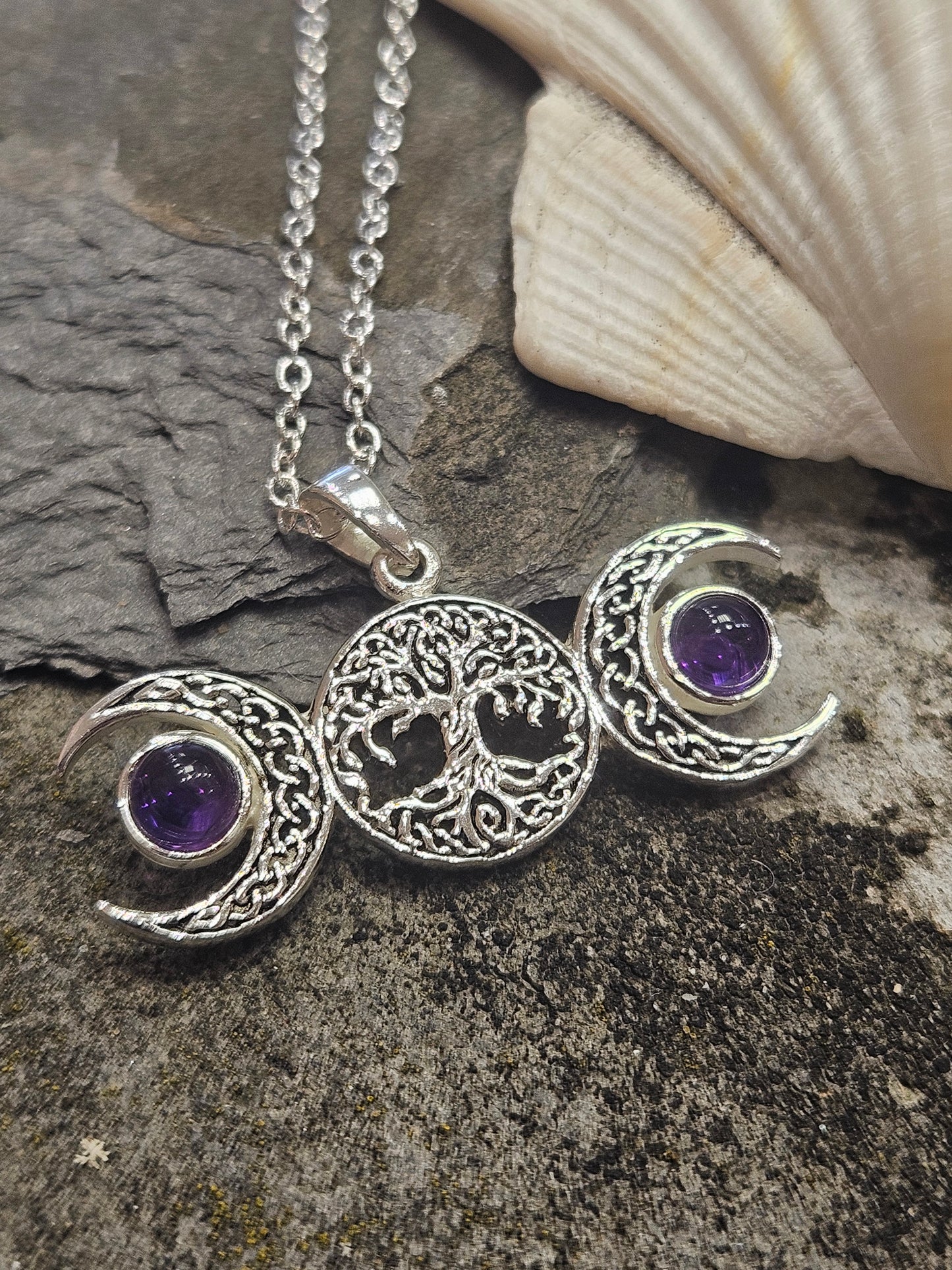 Amethyst Triple Moon Tree of Life Necklace