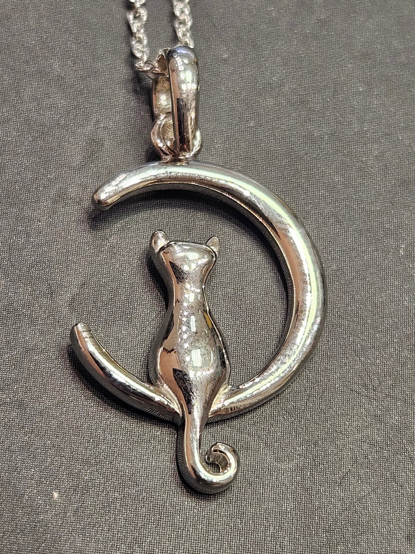 Silver Cat in Moon Necklace