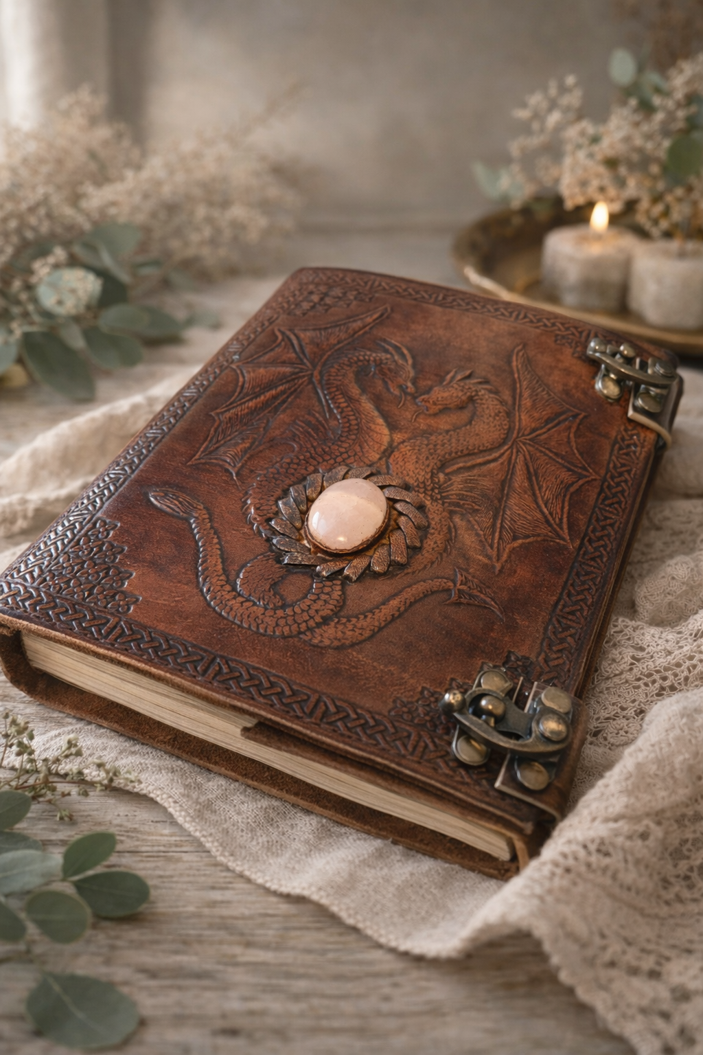 Hand Crafted Leather Journal with Rose Quartz