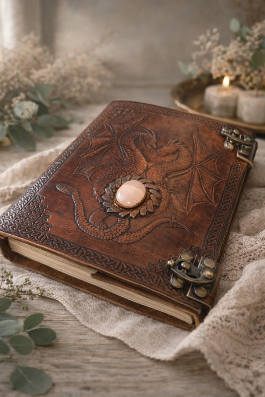 Hand Crafted Leather Journal with Rose Quartz